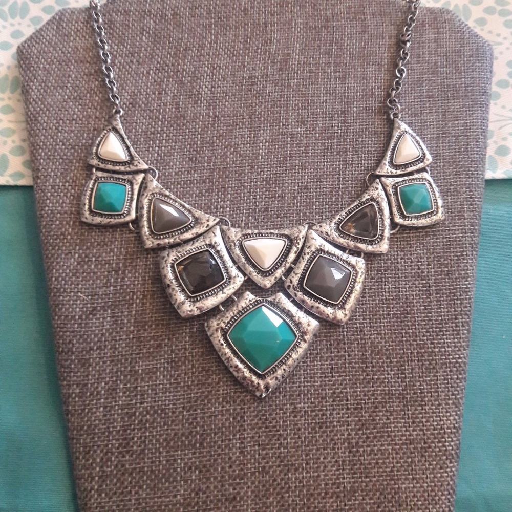 Pewter look blue, grey, and white necklace